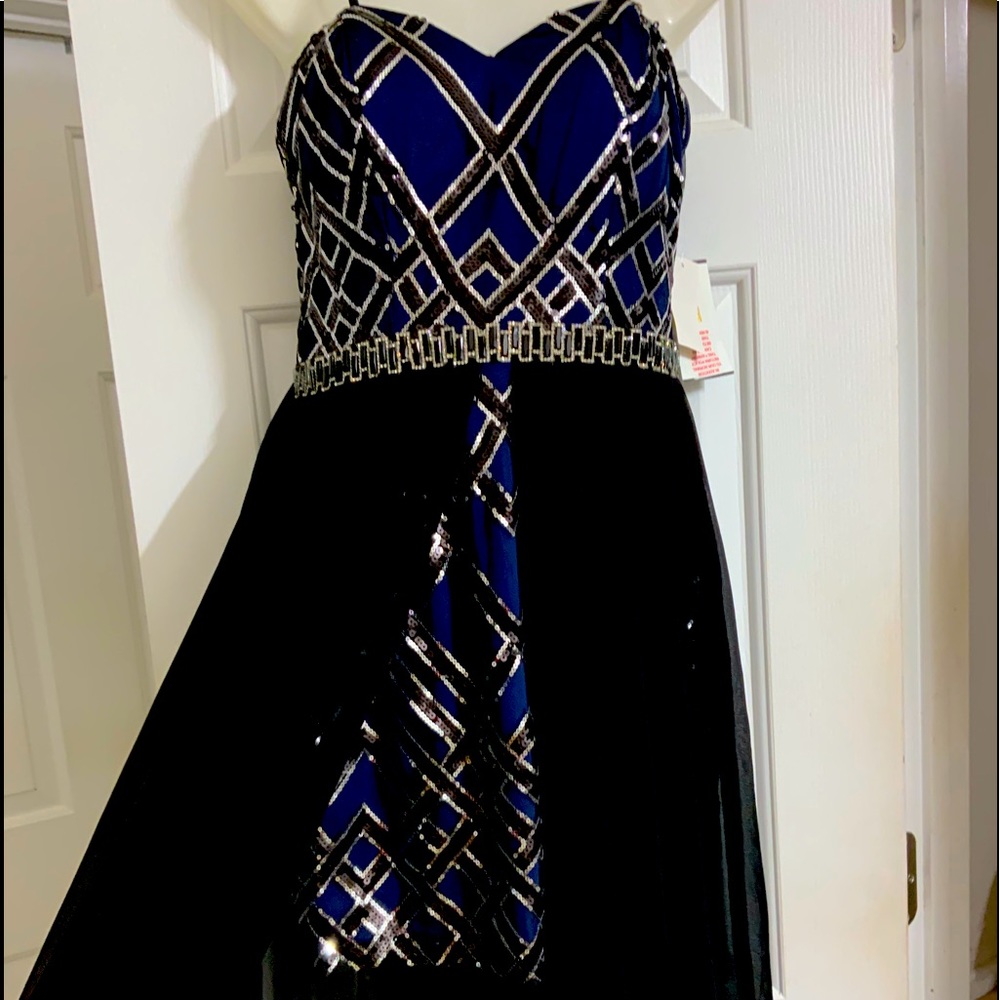 JODI KRISTOPHER  BLACK/SILVER/BLUE SPECIAL LONG DRESS. SIZE - 3